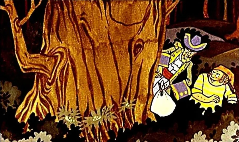 Ilustrație cu un copac mare, în prim-plan, și doi personaje: un pirat și un băiat blond, în fața copacului, discutând despre Peter Pan.