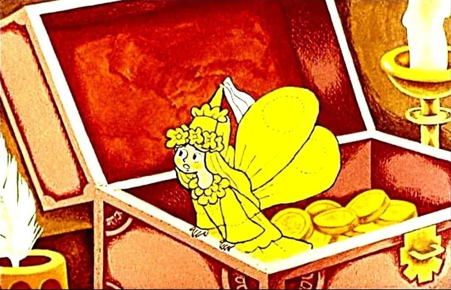Ilustrație animată cu o zână galbenă și o ladă plină cu monede, însoțită de text explicativ.