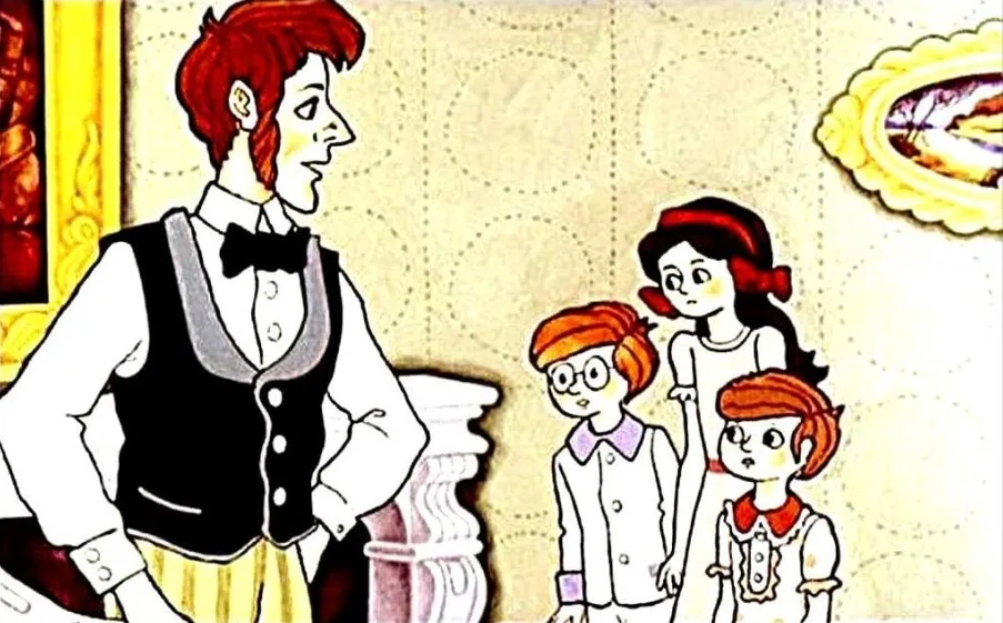 Imagine dintr-o animație cu un bărbat îmbrăcat elegant și patru copii, bărbatul pare supărat, în timp ce copiii ascultă.