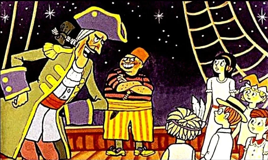 Ilustrație cu o scenă animată pe o navă, unde un pirat interacționează cu alți personaje, ilustrând o poveste despre planuri secrete.