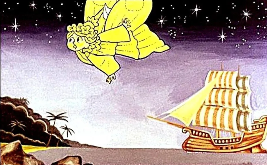 Ilustrație cu o scenă din povestea lui Peter Pan, cu un personaj zburând spre o navă, însoțită de un text despre aventurile acestora.