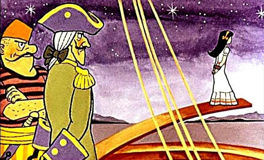 Ilustrație cu personaje pe o navă, unde o fată este pe o scandură, sub un cer plin de stele.