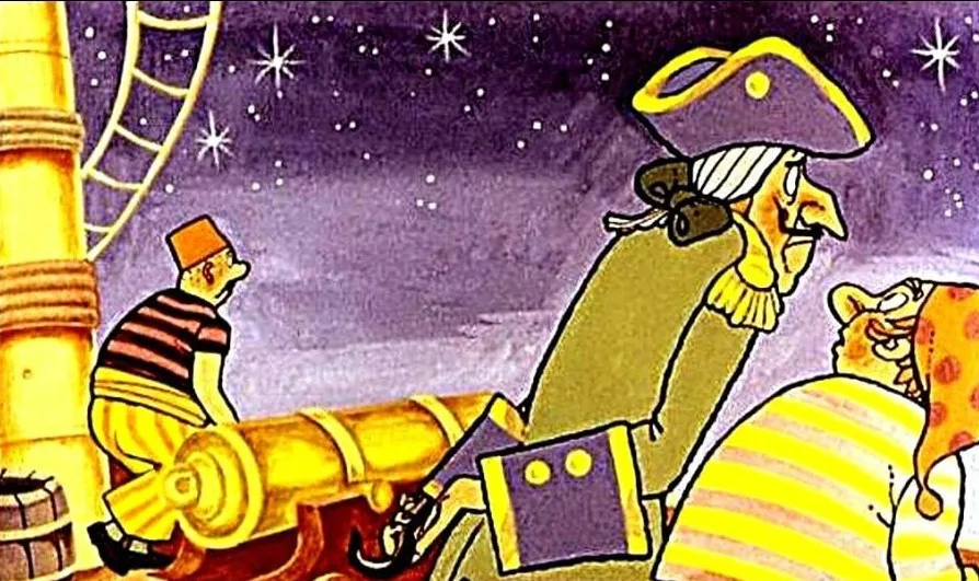 Ilustrație colorată cu pirați, unul cu o pălărie mare, care pare speriat, în mijlocul unei scene de noapte.