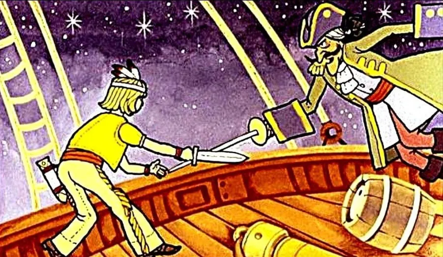 Ilustrație cu Peter Pan luptându-se cu Piratul Carlig pe o navă, evidențiind acțiunea și confruntarea dintre cele două personaje într-un decor marin.