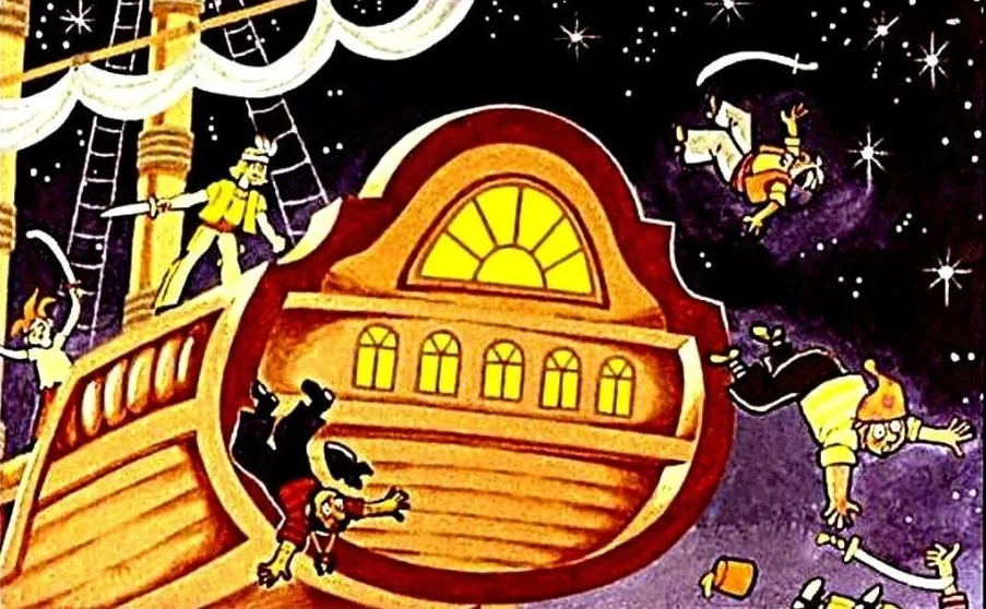 Ilustrație colorată cu Peter Pan și pirati pe o corabie, reprezentând o scenă dintr-o poveste.