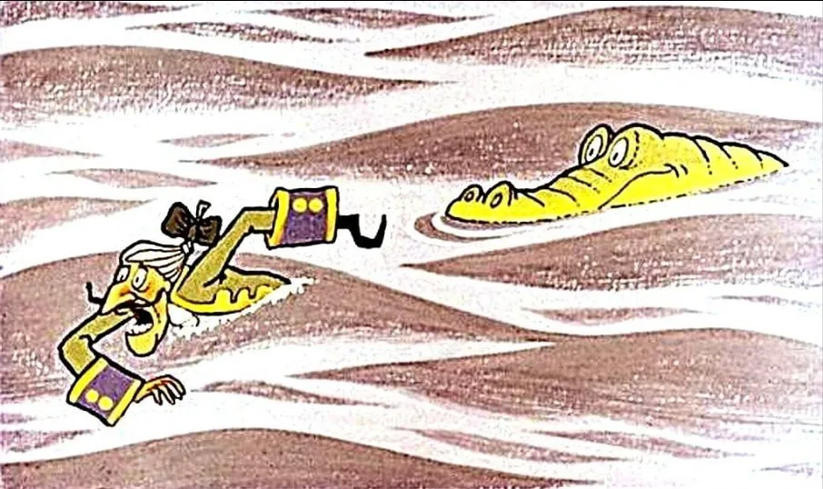 Ilustrație cu un personaj care se confruntă cu un crocodil într-un peisaj cu apă, sugerează o situație tensionată.