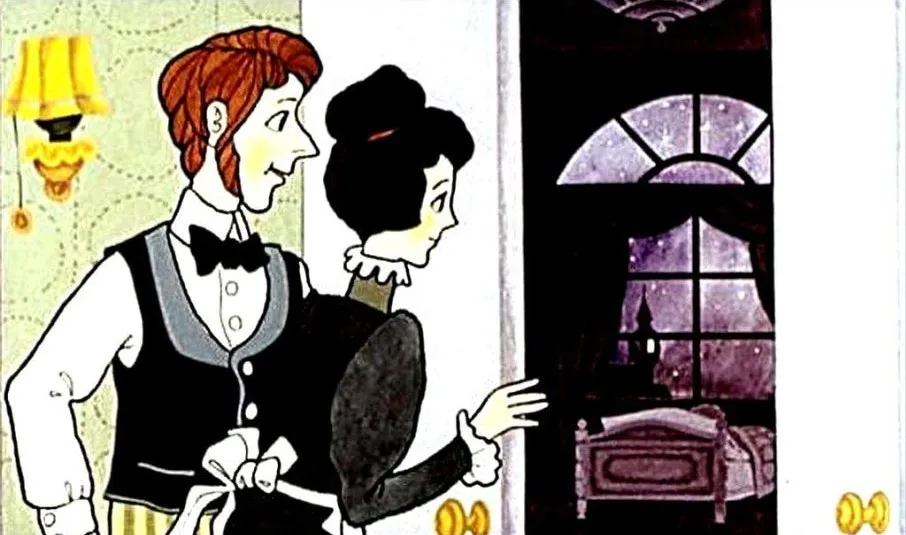 Ilustratie cu un cuplu care observa copiii dormind, intr-o camera intunecata, cu o usa deschisa care ofera o priveliste catre ei.