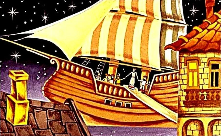 Ilustrație cu copii care se debarcă de pe o navă la fereastra unei camere.
