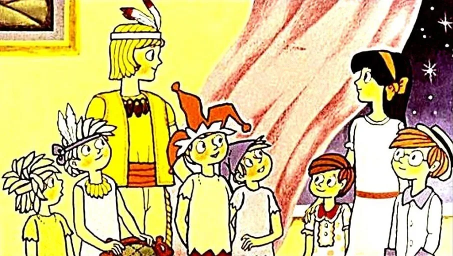Ilustrație colorată cu copii care se rămas bun de la Peter Pan, cu text explicativ despre prietenie și jocuri.