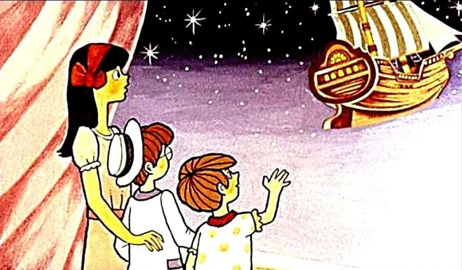 Ilustrație a unui grup de copii privind o corabie pe fundalul unei nopți înstelate, inspirată din povestea lui Peter Pan.
