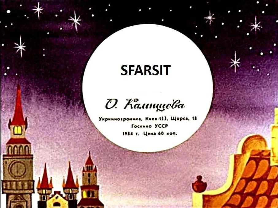 Text includes the word 'SFARSIT' and author details, surrounded by a decorative background of towers and stars.