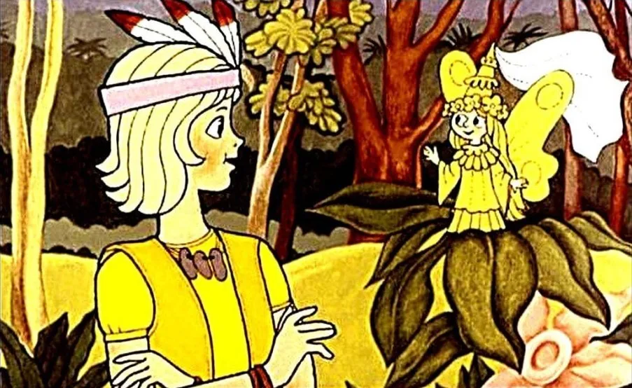 Ilustrație cu Peter Pan și zână, cu text despre plecarea lui Peter Pan și Tinkerbell.