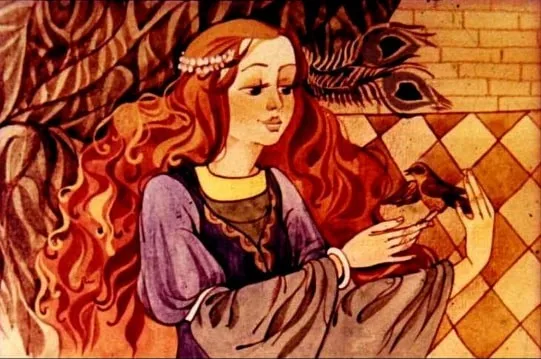 Femeie cu părul lung și roșcat, ținând o privighetoare pe deget, în fața unui fundal decorativ.