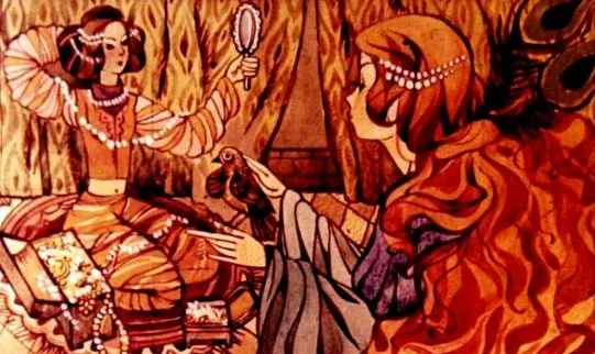 Ilustrație care prezintă o scenă dintr-o poveste, cu două femei și o pasăre, înconjurate de decorativitate și bogăție.