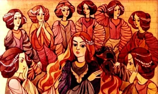 Imagine cu mai multe personaje feminine, illustrand o scena dintr-o poveste despre o privighetoare si o printesa.