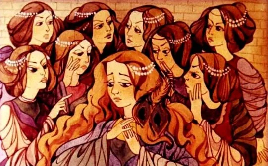 Ilustratie cu o printesa si surorile ei discutand despre o privighetoare, exprimand emotii de regret si dorinta.
