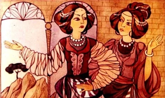Ilustrație cu două personaje feminine în discuție, într-un cadru de interior, cu un text narativ scris pe un fundal întunecat.