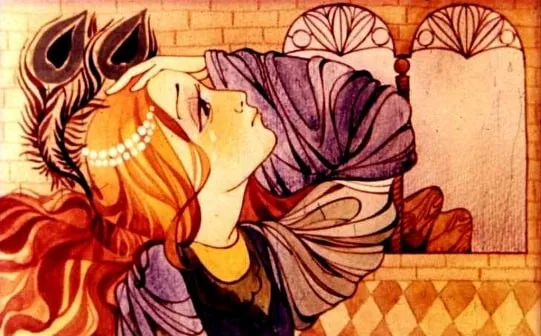 Imagine artistică care ilustrează o femeie cu părul lung și o rochie în nuanțe de violet, contemplând într-un decor elegant, cu un text care descrie tristețea ei.
