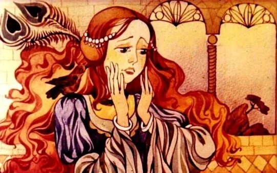 Ilustrație a unei prințese triste, cu expresie îngrijorată, într-un peisaj de vis, reflectând asupra unei privighetoare.