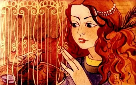 Ilustratie cu o printesa care intampina o privighetoare, care este bagata intr-o cusca de aur, insotita de text descriptiv despre interactiunea dintre ele.