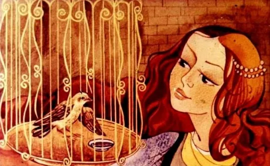 Ilustrație cu o prințesă care interacționează cu o privighetoare într-o colivie.