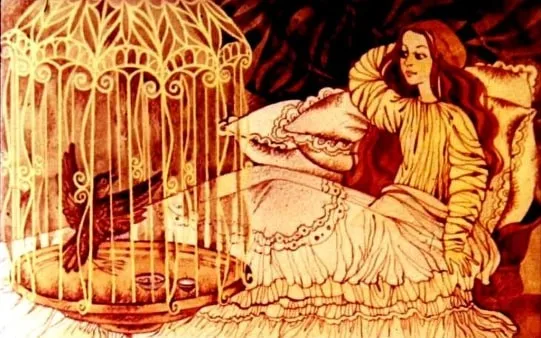 Ilustrarea unei prințese care interacționează cu o privighetoare într-o cușcă, evocând o atmosferă de poveste.