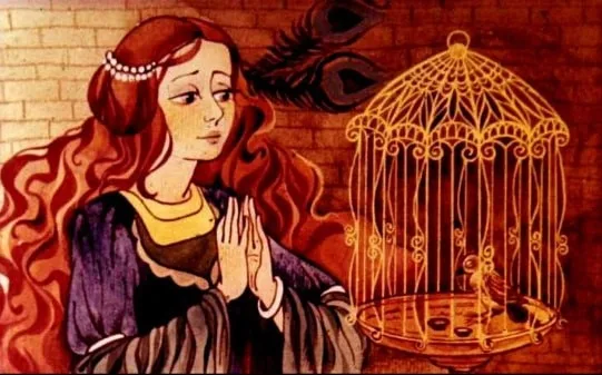 Ilustrație cu o prințesă îngrijorată, care ascultă o privighetoare, înconjurată de o colivie, simbolizând dorința de libertate.