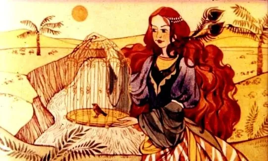 Ilustrație reprezentând o prințesă cu păr roșu, stând lângă o cusca, cu un peisaj de desert în fundal.