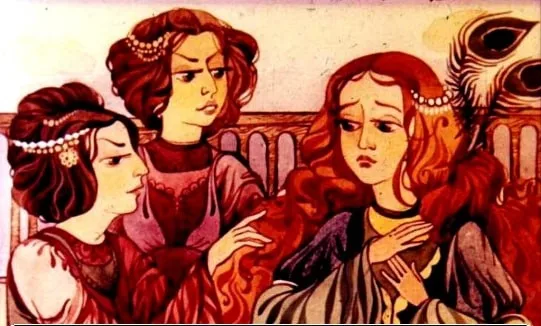 Ilustrație cu trei personaje feminine, una dintre ele având o expresie pensivă, într-un decor paladian, reflectând un moment de discuție și contemplare.