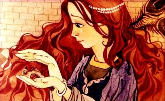 Ilustrație a unei prințese care găsește o privighetoare în cușcă, cu un peisaj detaliat în fundal.