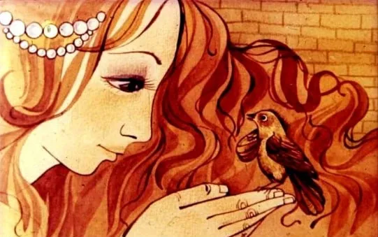 Ilustrație cu o prințesă care vorbește cu o privighetoare, evidențiind tema libertății.