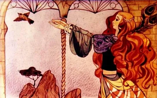 Ilustrație colorată cu o prințesă care eliberează o pasăre dintr-o fereastră, reprezentând o scenă de fantezie.