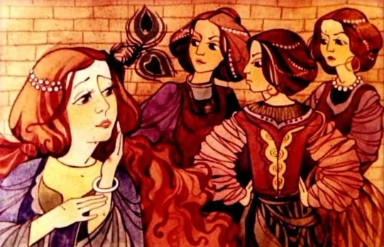 Ilustrație cu personaje feminine, una dintre ele părând îngrijorată, în contextul unei povești despre tristețe și pierdere.