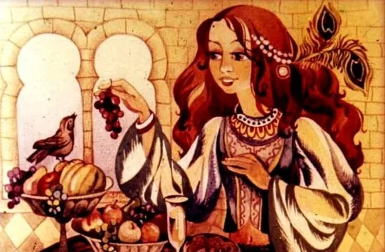 Ilustrație cu o fată care își ține o grămadă de struguri, având o privighetore și un coș cu fructe, într-un cadru luminos.