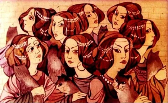 Ilustrație cu mai multe femei, fiecare având un aspect trist, înconjurate de pisici, sugerând un context de povești sau mitologie.