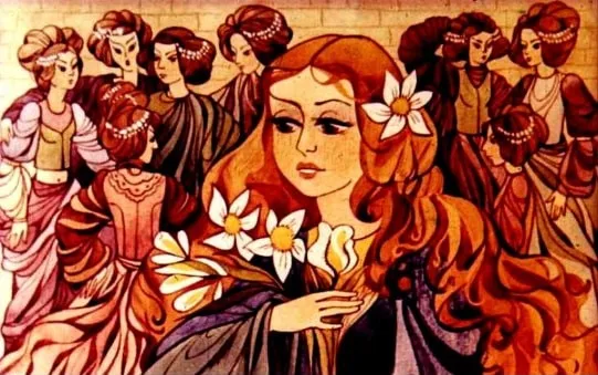 Ilustrație cu fetele regelui Siamului, cu o prințesă numită Septembrie în prim-plan, ținând flori.