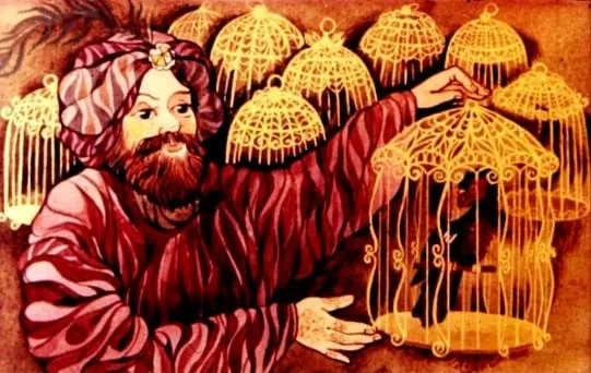 Ilustrație care prezintă un rege oferind cadouri fiicelor sale, reprezentând un papagal într-o cușcă aurită, subliniind un moment special și plin de culoare.