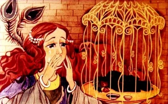 Ilustrație artistică cu o fată tristă lângă o colivie goală, lăsând să se înțeleagă o poveste emoțională despre pierdere.