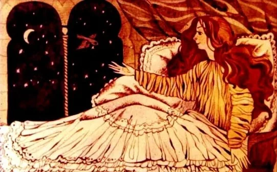 Ilustrație artistică cu o privighetoare și o prințesă în grădina palatului, redată în stil romantic.