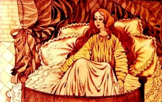 Ilustrație reprezentând o poveste, cu o privighetoare cântând și o prințesă ascultând, într-un cadru decorativ.