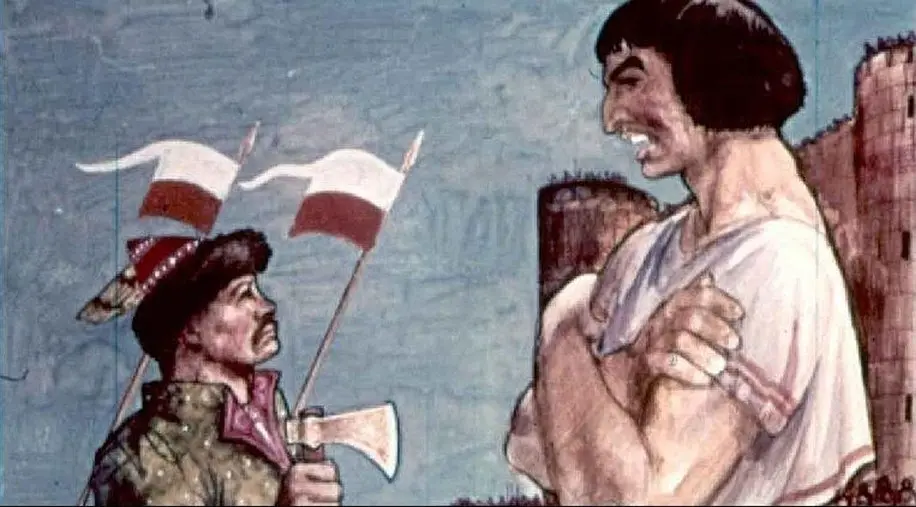 O ilustrație care prezintă un soldat cu o pălărie și o secure, purtând steaguri poloneze, în fața unui gigant cu brațele încrucișate, într-un peisaj cu ziduri de fortificație în fundal.