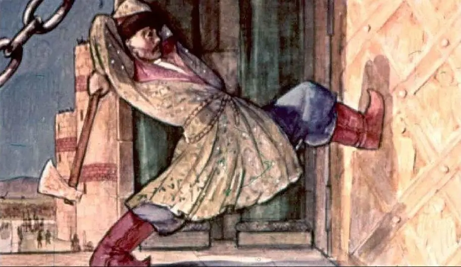 Ilustrație colorată a unei persoane îmbrăcate în haină lungă și cizme roșii, care folosește o unealtă pentru a deschide o ușă.