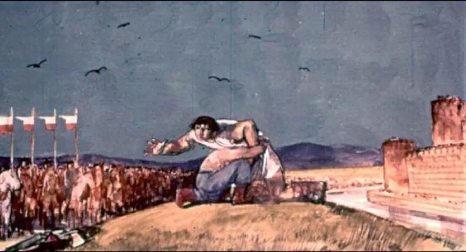 Imagine artistică ce ilustrează o figură umană mare pe un fundal de peisaj, cu mulțimi de oameni și steaguri vizibile.