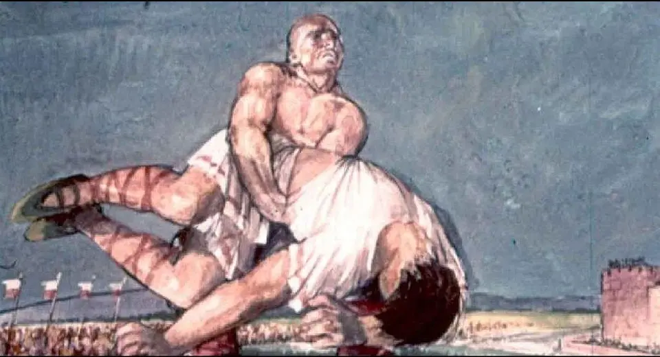 Ilustrație reprezentând doi luptători în timpul unei competiții, unul fiind în proces de a-l doborî pe celălalt pe o zonă deschisă, cu un grup de oameni în fundal.