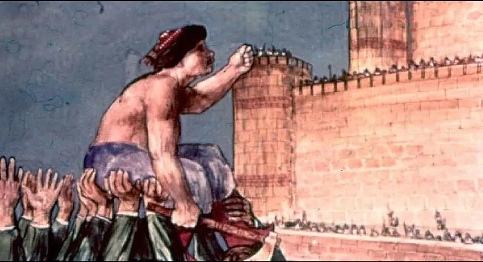 Imagine reprezentând o scenă simbolică, cu o persoană fără cămașă, cu o pălărie, ridicată pe mâinile mulțimii, predând un sentiment de forță și unitate, în fața unui castel.