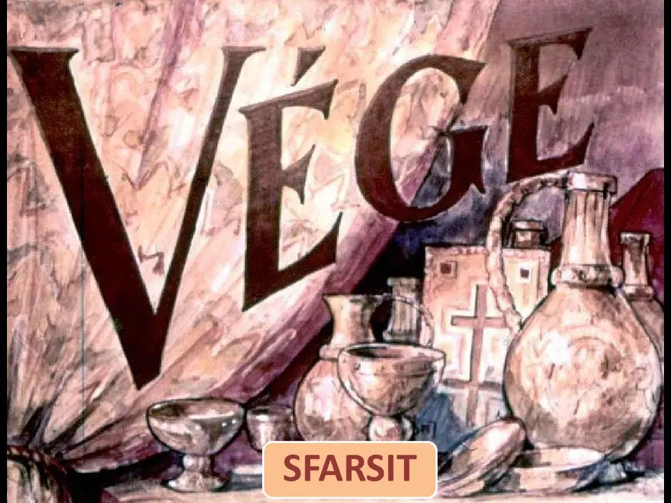 Imagine artistică care conține cuvântul VÉGE și cuvântul SFARSIT, amplasate pe fundal colorat cu obiecte de ceramică și un prosop.