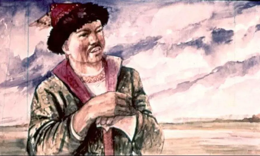 Ilustrație în acuarelă a unui bărbat îmbrăcat în haine tradiționale, ținând o bâta, cu un peisaj de câmp în fundal.