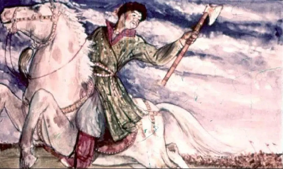 O ilustrație colorată a unui cavaler care poartă o haină tradițională, ținând o secure, înfățișat în timpul unei acțiuni pe un cal alb, cu un peisaj dramatic de nori în fundal.