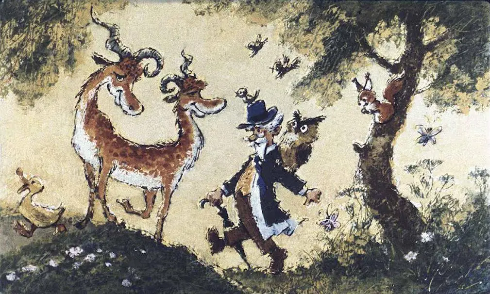 Ilustrație cu un bărbat mergând prin pădure, înconjurat de animale, inclusiv cerbi, o bufniță și un veveriță, pe un fundal natural.