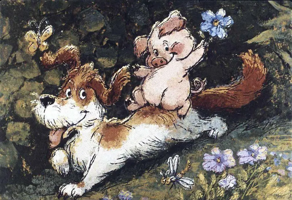 Un câine cu blană maro și albă pozează cu un porcușor roz care se află pe spatele său, înconjurați de flori și fluturi într-un peisaj natural.